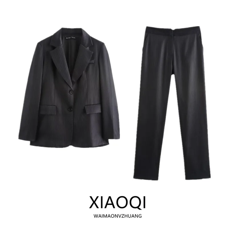 

Новинка 2024, осенне-зимний женский модный тонкий костюм в полоску прямого кроя, длинный костюм с воротником-стойкой Jaet Ele Profional Sle
