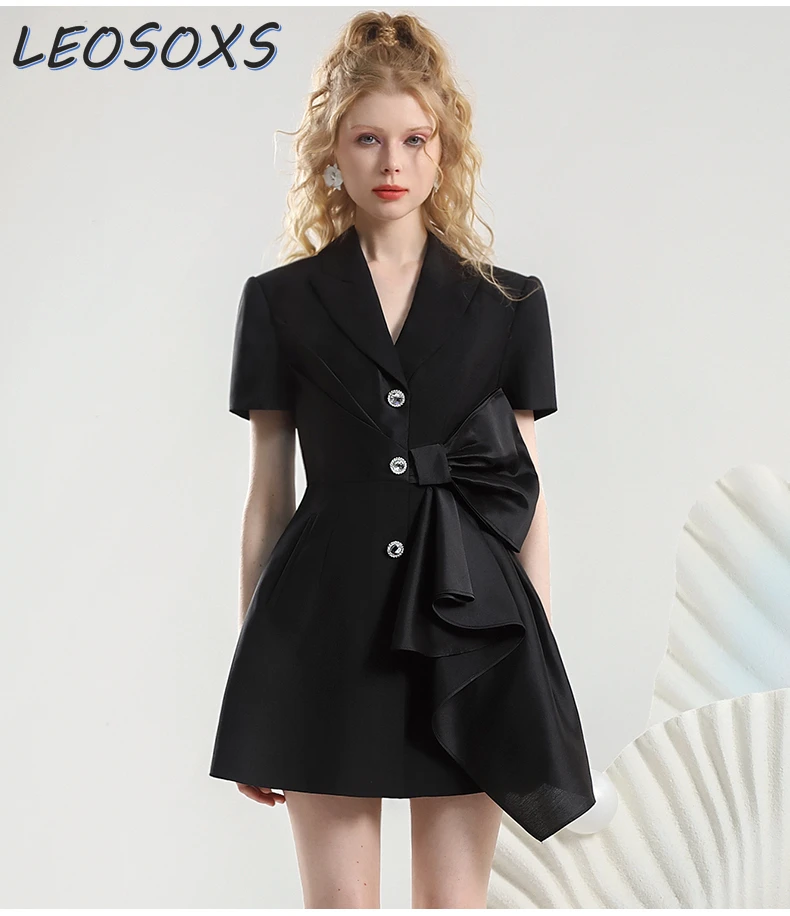 Elegant Style Suit Dress Summer 2024 New Notched Commuter Irregular Tie Bow Black Dress Summer Closing for Women Office Lady