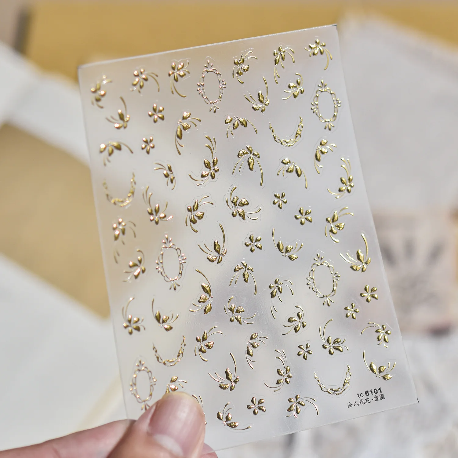 5D French Flower Nail Stickers Gold Foil Vines Flowers Ellipse Flower Frame Leaf Twig Metal Line Self Adhesive Nail Decals DIY