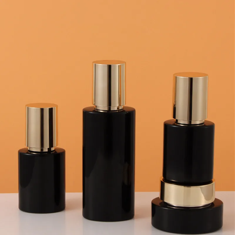 

Black Glass Bottles Empty 30ml 40ml 100ml 120ml Mist Spray Lotion Pump Gold Lid 30g 50g Oval Cosmetic Cream Jars