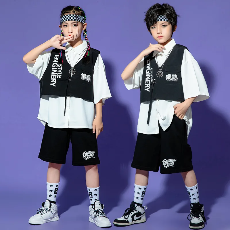 

Kid Kpop Hip Hop Clothing Oversized Shirt Sleeveless Jacket Vest Top Streetwear Summer Shorts for Girl Boy Jazz Dance Costume