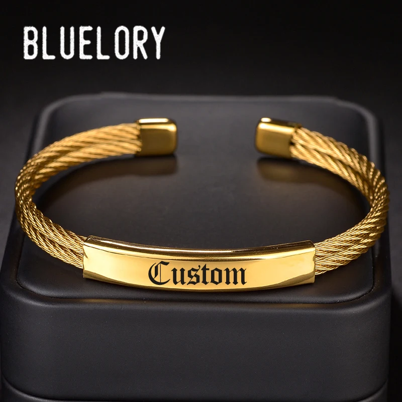 Bluelory Custom 8mm Stainless Steel Women Men Bangles Punk Twist Engrave Name Date Initials ID Bar Bangles For Lovers Couple