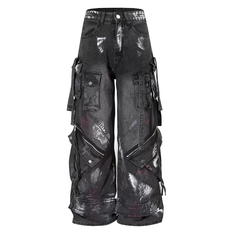 جينز قوطي متعدد الجيوب جينز أسود مغسول للرجال والنساء 2000s الصناعة الثقيلة السراويل السحب الشارع الهيب هوب بنطال ذو قصة أرجل واسعة #5