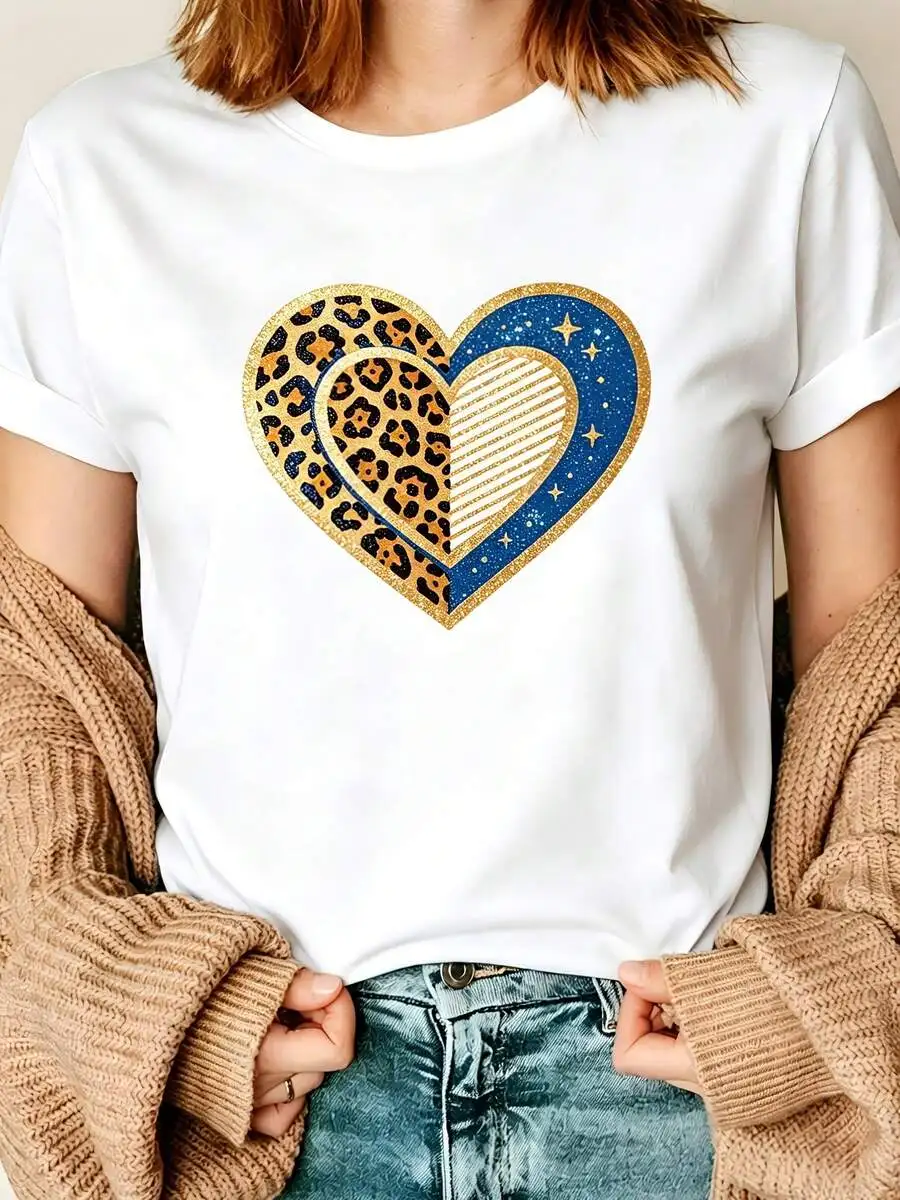 Casual Daily Graphic Tee For Women Leopard Print Heart Design Short Sleeve Nice Gift For Her Crew Neck Ladies Top