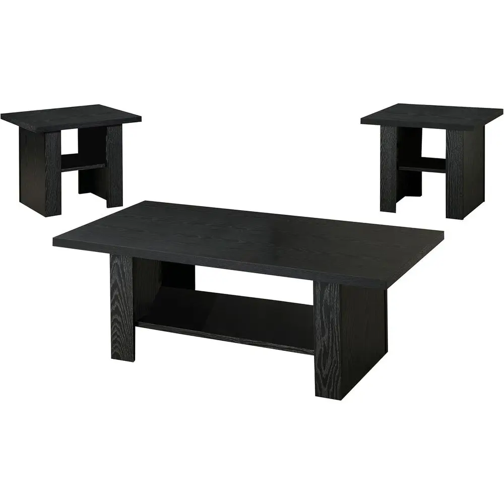 

Modern 3-Piece Coffee Table Set in Black Oak Finish, Hollow and Pale Boards, with Storage Shelves, Ideal for Contemporary Living