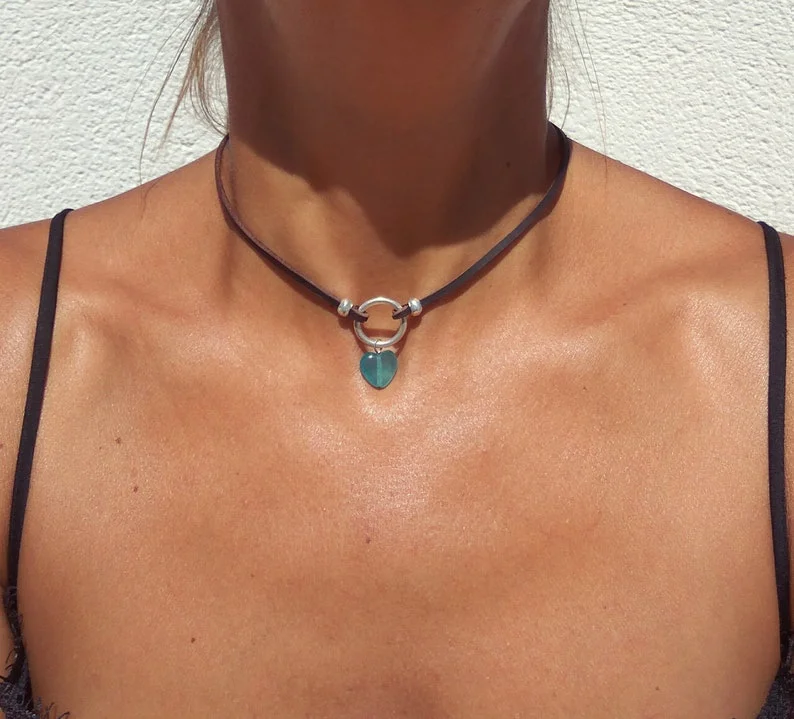 Silver Ring Choker Necklace, Heart Necklace for Women, Blue Quartz Gemstone Necklace, Leather Necklace, Quartz Necklac