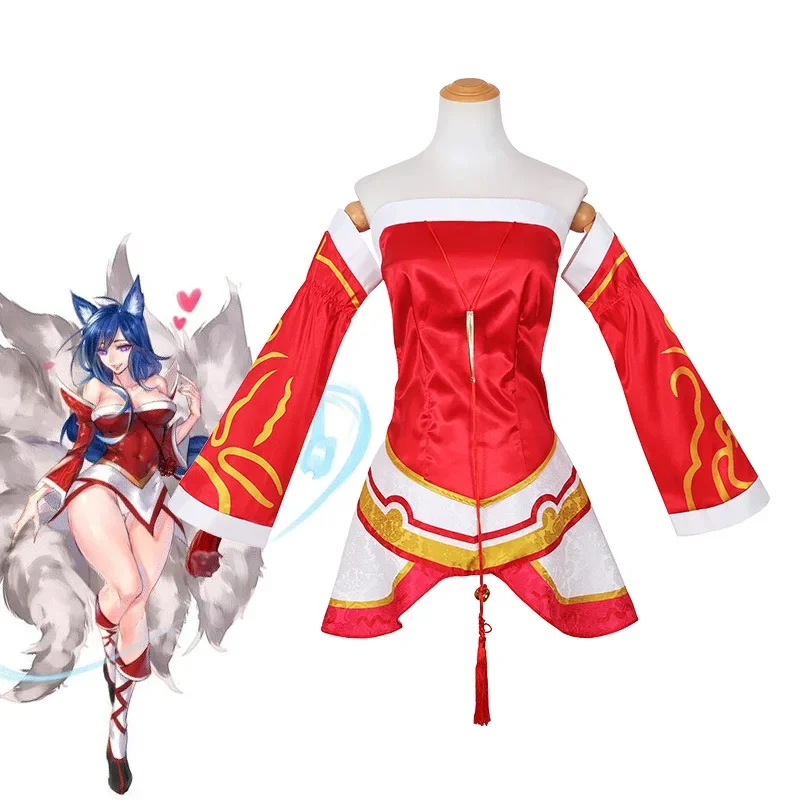 Disfraz de cosplay lol Ahri the ninofilied Fox para mujer, peluca de anime, vestido de kimono rojo sexy, traje de uniforme para Halloween, fiesta de Carnaval