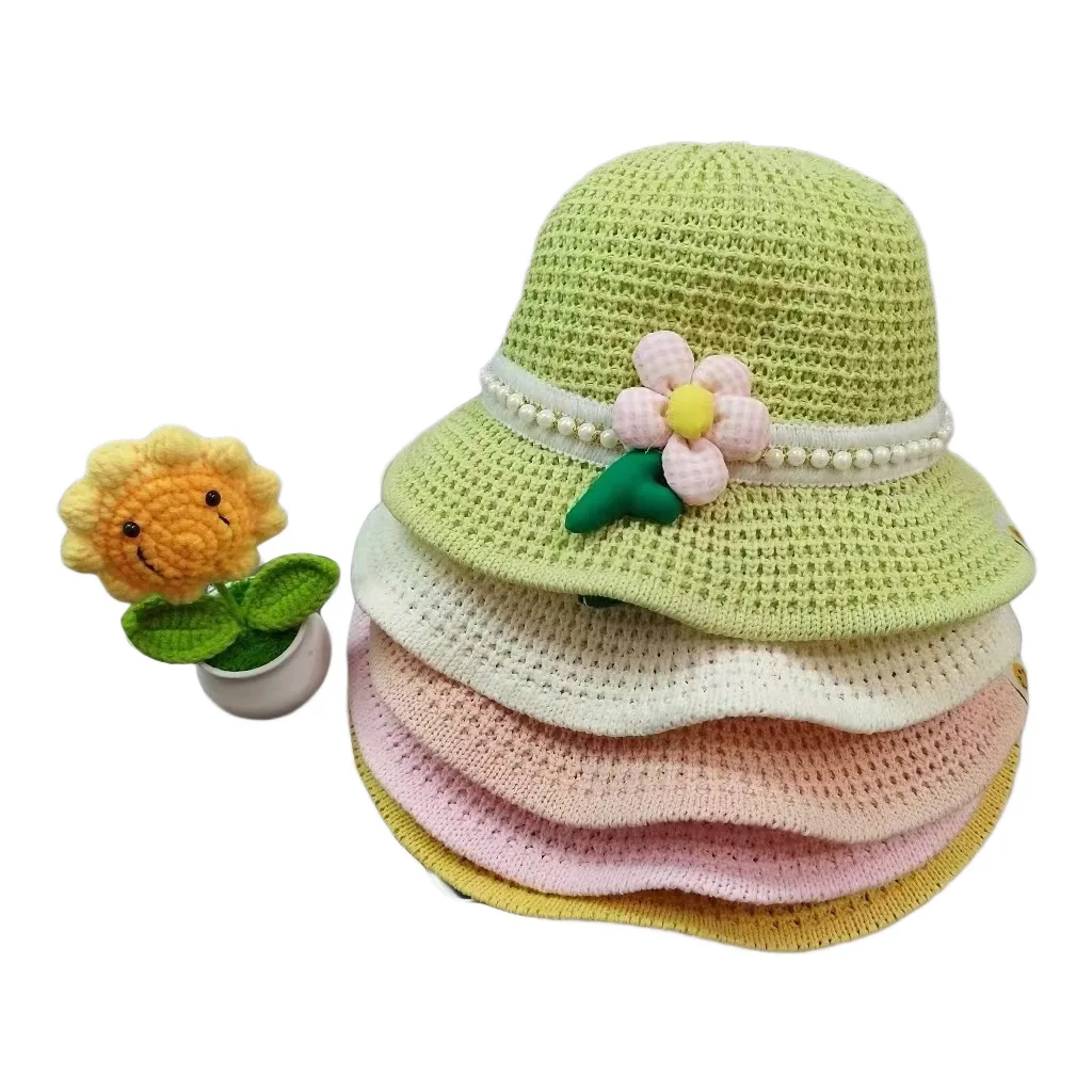 

2026 New Summer Hollow Straw Hat for Girls, Sweet Floral & Pearl Sun Hat, Breathable UV Protection Fisherman Hat for Baby