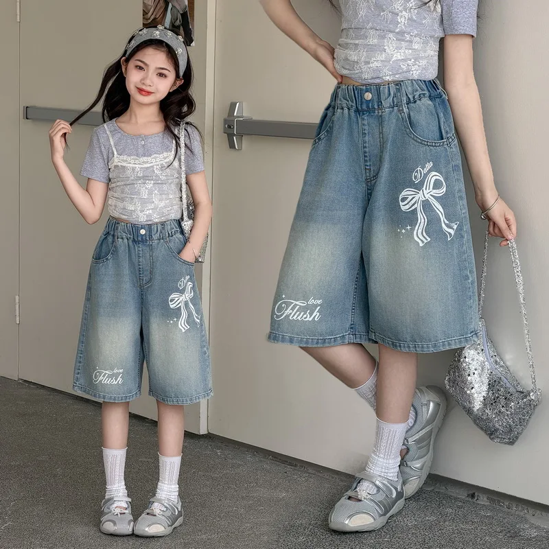 Kids Fashion Knee Length Denim Shorts With Bow Print for Teenage Girl Retro Gothic Y2K Casual Five-point Jeans Child Capri