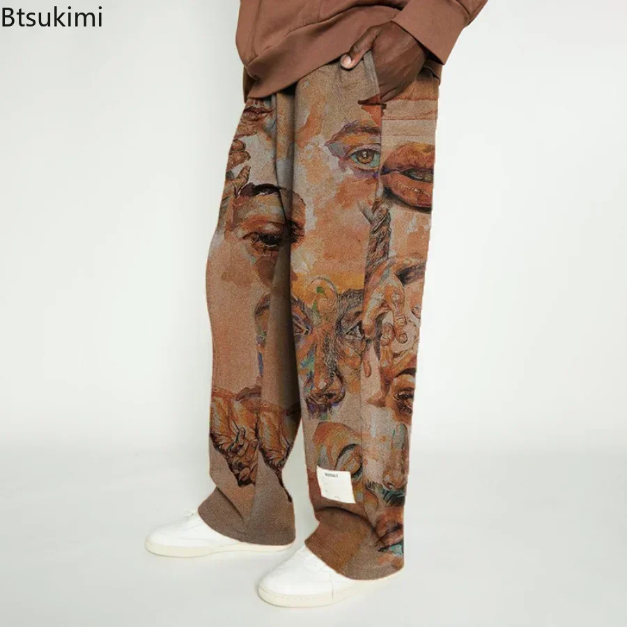 2026 Men's High Street Loose Wide Leg Pants Trendy Printed European Mid-waist Man Trousers Brown Hiphop Pants Male Casual Pants