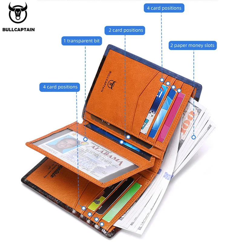 남성용 100% 진짜 가죽 대비색 지갑, 수평 멀티 카드 지갑, 두꺼운 사진 앨범, RFID 지갑, 동전 지갑