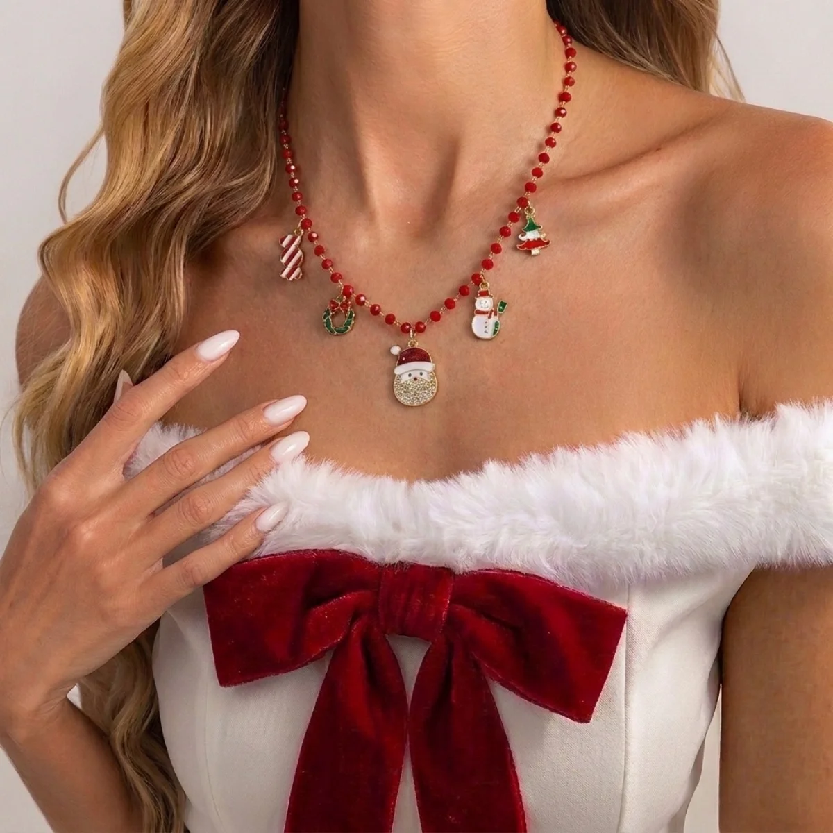 Weihnachtsbaum, Schneemann, Weihnachtsmann, Kranz, rote Kristall-Halskette für Damen und Herren, Weihnachten, Schneeflocken, Glocken, Hirsch, Halsband, Neujahrsschmuck – Detail 16