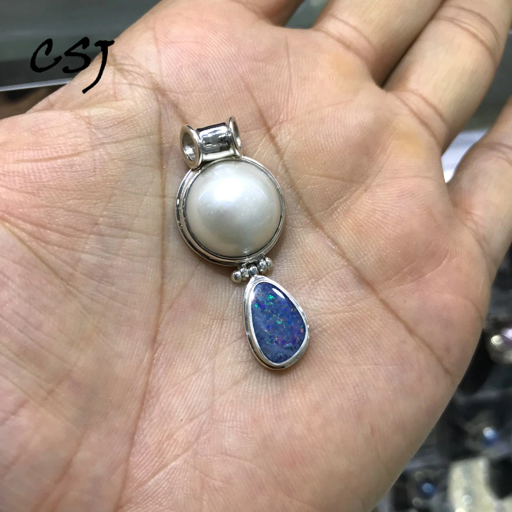 

CSJ Elegant Natural Australia Opal Pendants Sterling 925 Silver Mabe Pearl 12MM for Women Birthday Party Handmade Jewelry Gift