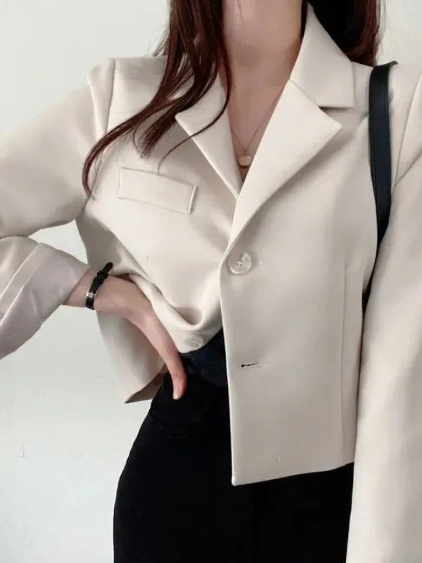 

Ретро-пиджак с отложным воротником для невысоких женщин: шикарный весенний популярный дизайн, свободный крой, полиэстер, длинный рукав