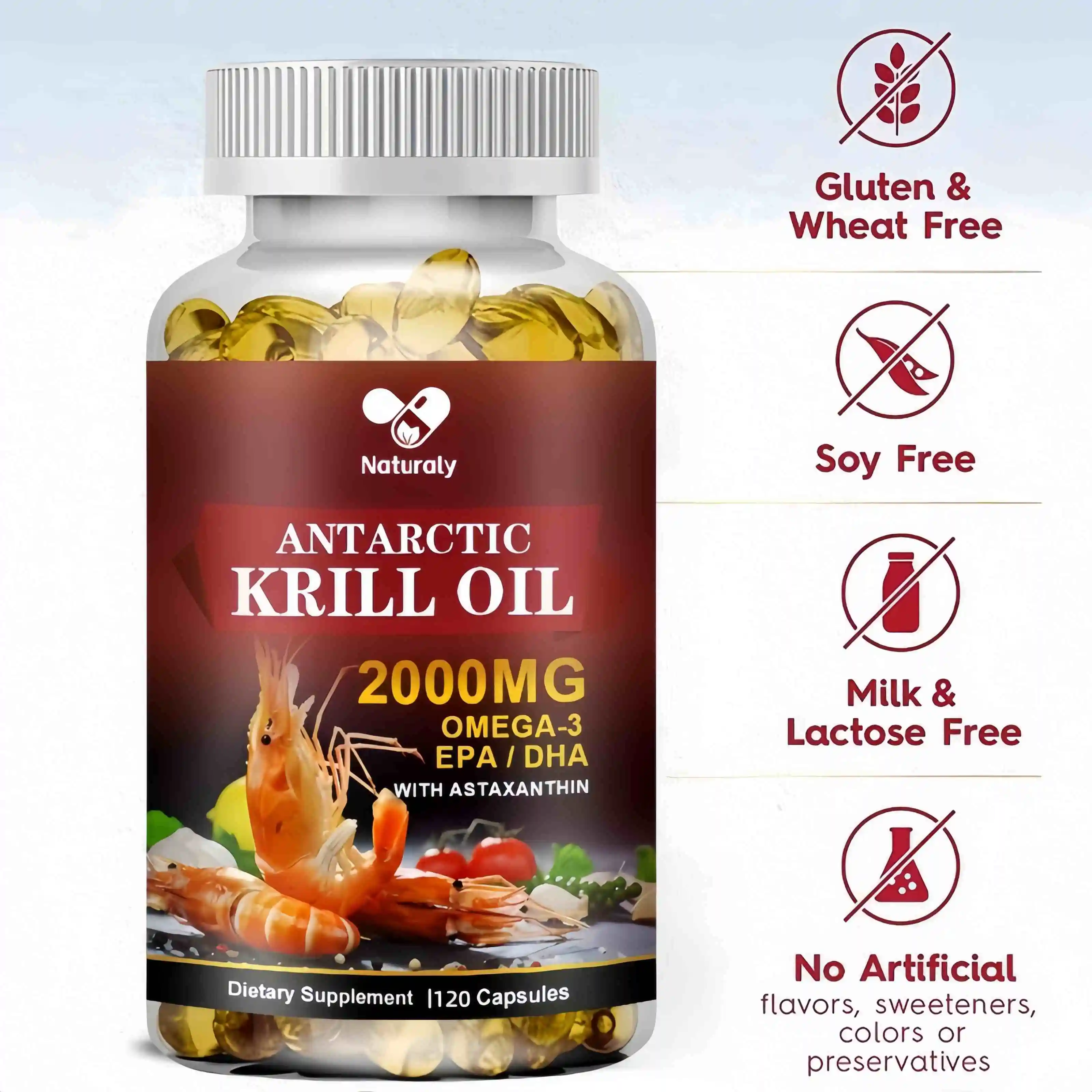 Antarctic Krill Oil Capsules 2000 mg with Omega-3s EPA, DHA, Astaxanthin and Phospholipids, Non GMO â 120 Softgels