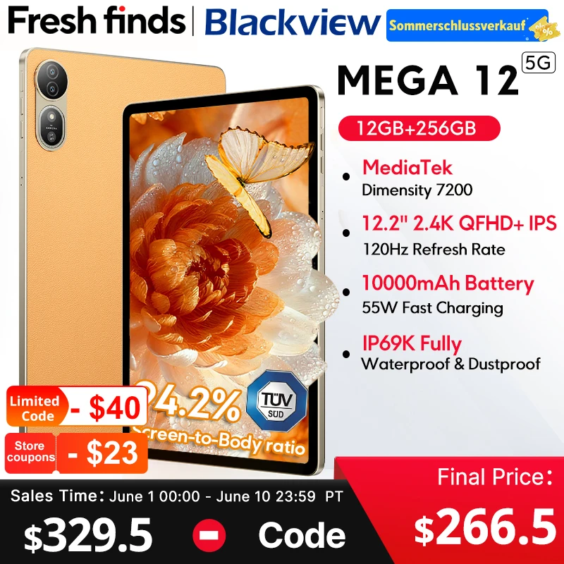 Blackview MEGA 12 Tablet 5G 12.2" 2.4K 120Hz Display Dimensity 7200 CPU IP69K Waterproof 50MP Camera 10000mAh Pad PC