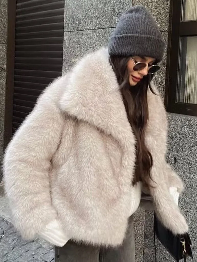 Women Fluffy Faux Fur Short Jacket Coat Autumn Winter New Lapel Long Sleeve Thick Warm Soft Jacket Elegant  Warm  Outerwear