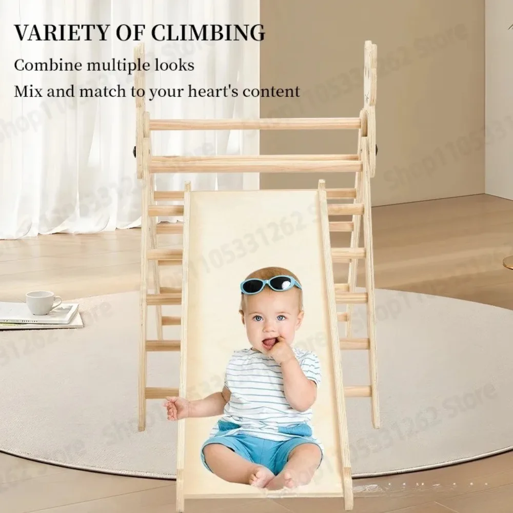 Kids Indoor Wooden Climbing Frame Set Rainbow Arch Climber Slide Rock Climbing Playset For Kindergarten Physical Training