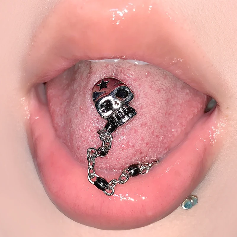 Goth Jewelry Skull Star Tongue Ring Sexy Accessories Chain Beads Tongue Nails Body Piercing Accessories Punk Glamor Aesthetic