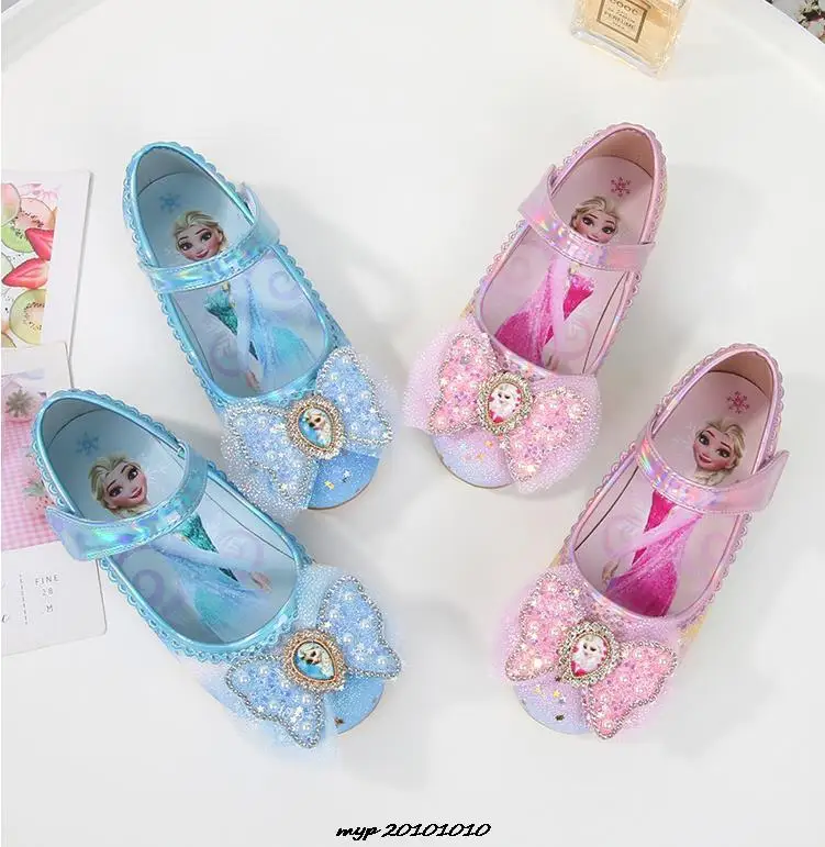 Disney Princess Kids Leather Shoes For Girls Frozen Elsa Glitter Crystal Children Flat Heel Girls Single Shoes Butterfly Shoe