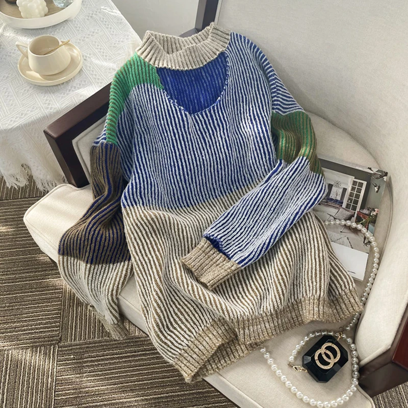 Women Blue Striped Knitted Pullover Sweater Harajuku Y2k Korean Long Sleeves O-Neck Oversize Sweaters Vintage 2000s Clothes 2025