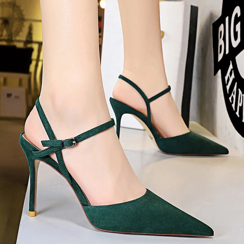 BIGTREE Shoes Suede Women Sandals Pointed Toe High Heels Women Shoes Summer Hollow Out High-heeled Sandals Buckle Stiletto Pumps