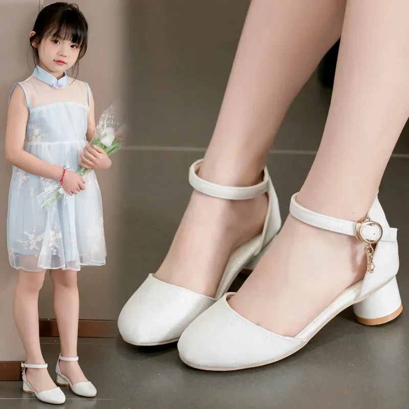 Medias sandalias para niñas, sandalias de Estilo Princesa para niños, tacones altos, punta en punta, novedad de verano 20225, zapatos de baile para niños, Chic y dulce