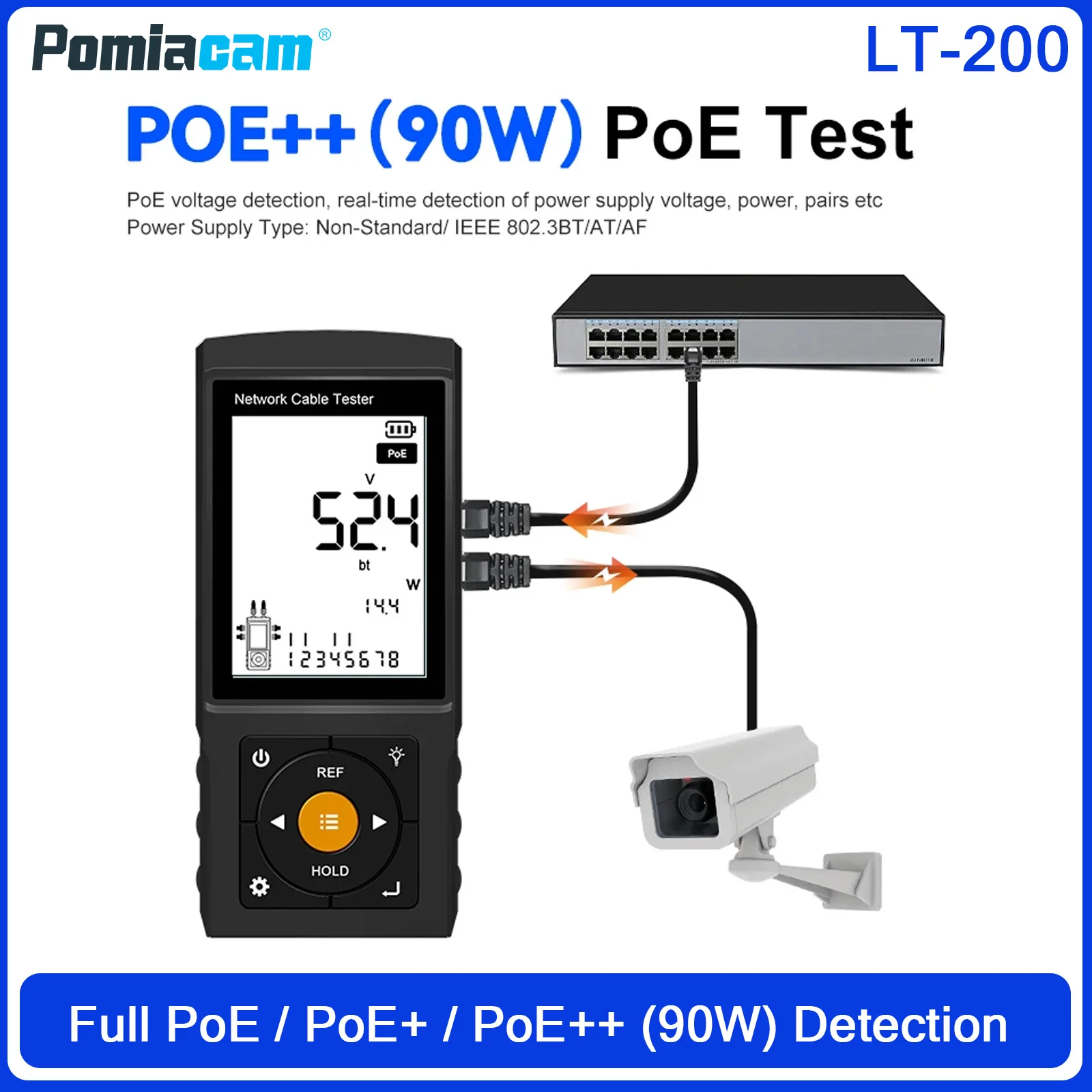 

3-дюймовый тестер сетевого кабеля, многофункциональный PoE + TDR, порт для измерения длины, флэш-инженерный инструмент LT-200, обнаружение питания PD