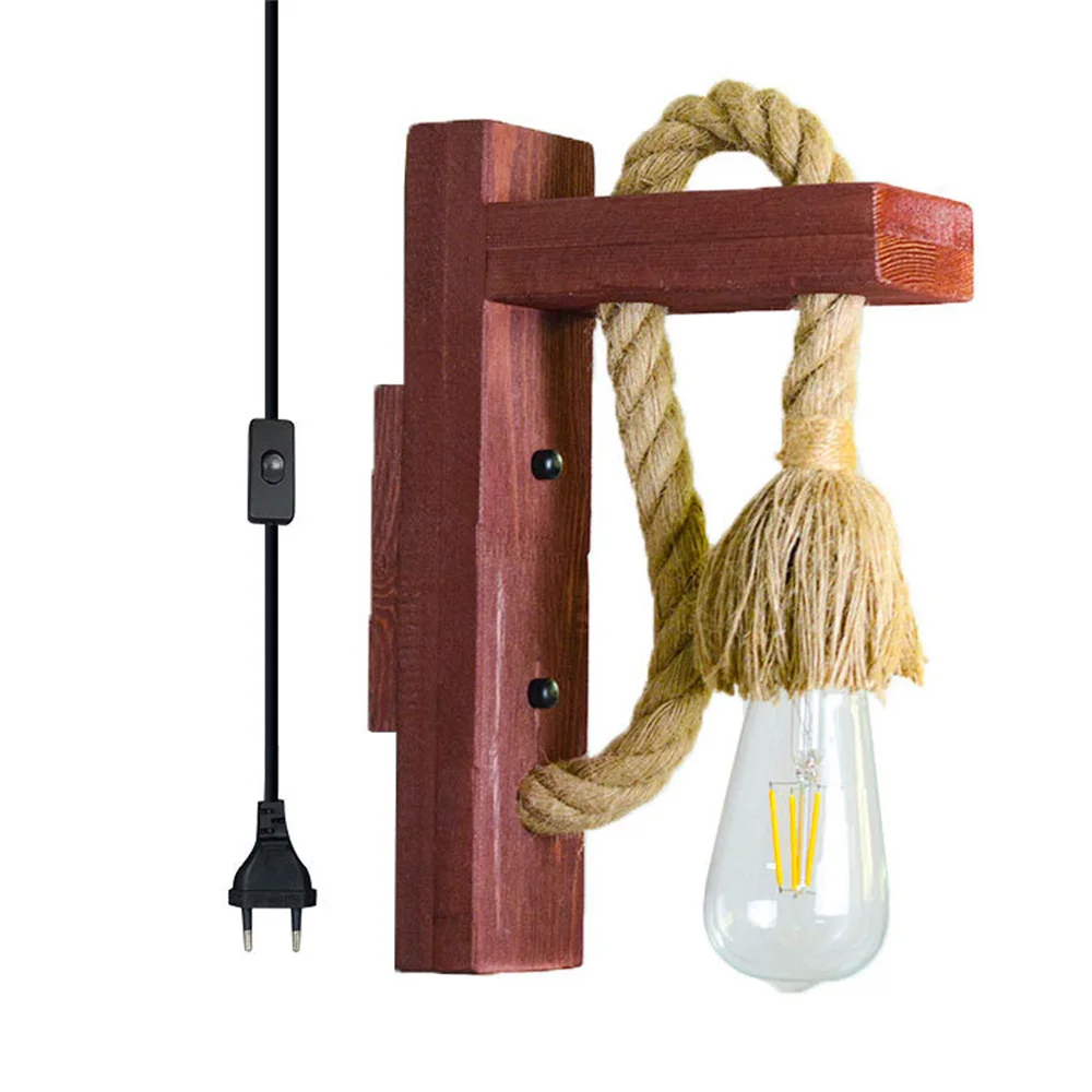 

Industrial Retro Hemp Rope Wall Lamp Loft Wood Plug With Switch Sconce Fixture Bedroom Bedside Wall Light Home Decor Luminaria