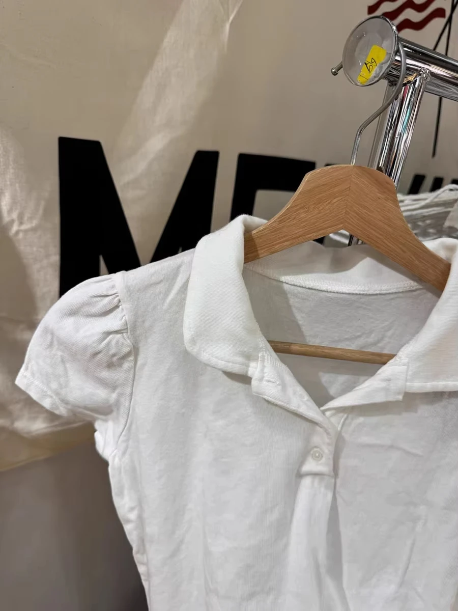 Polo White Cotton T-shirt Women Summer New Strweetwear  Turn Down Collar Short Sleeve Tees Sweet Preppy Style Cute T Shirt Y2K