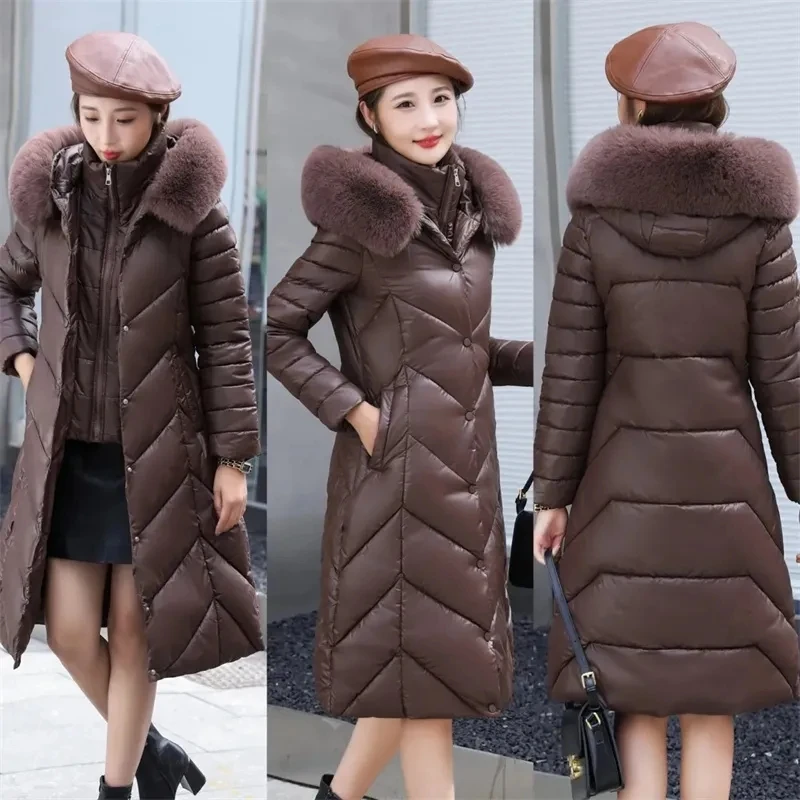 Chaqueta acolchada de algodón para mujer, abrigo largo ajustado a la moda, Parka cálida con Cuello de piel, novedad de invierno, 2023