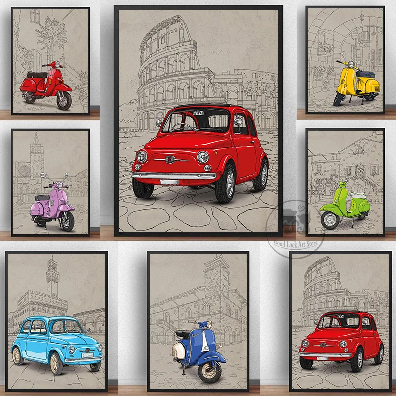 Italian Style Poster Famous Building Background Fiat 500 Red Yellow Vespa Wall Art Picture Canvas Print Room Home Decor Painting