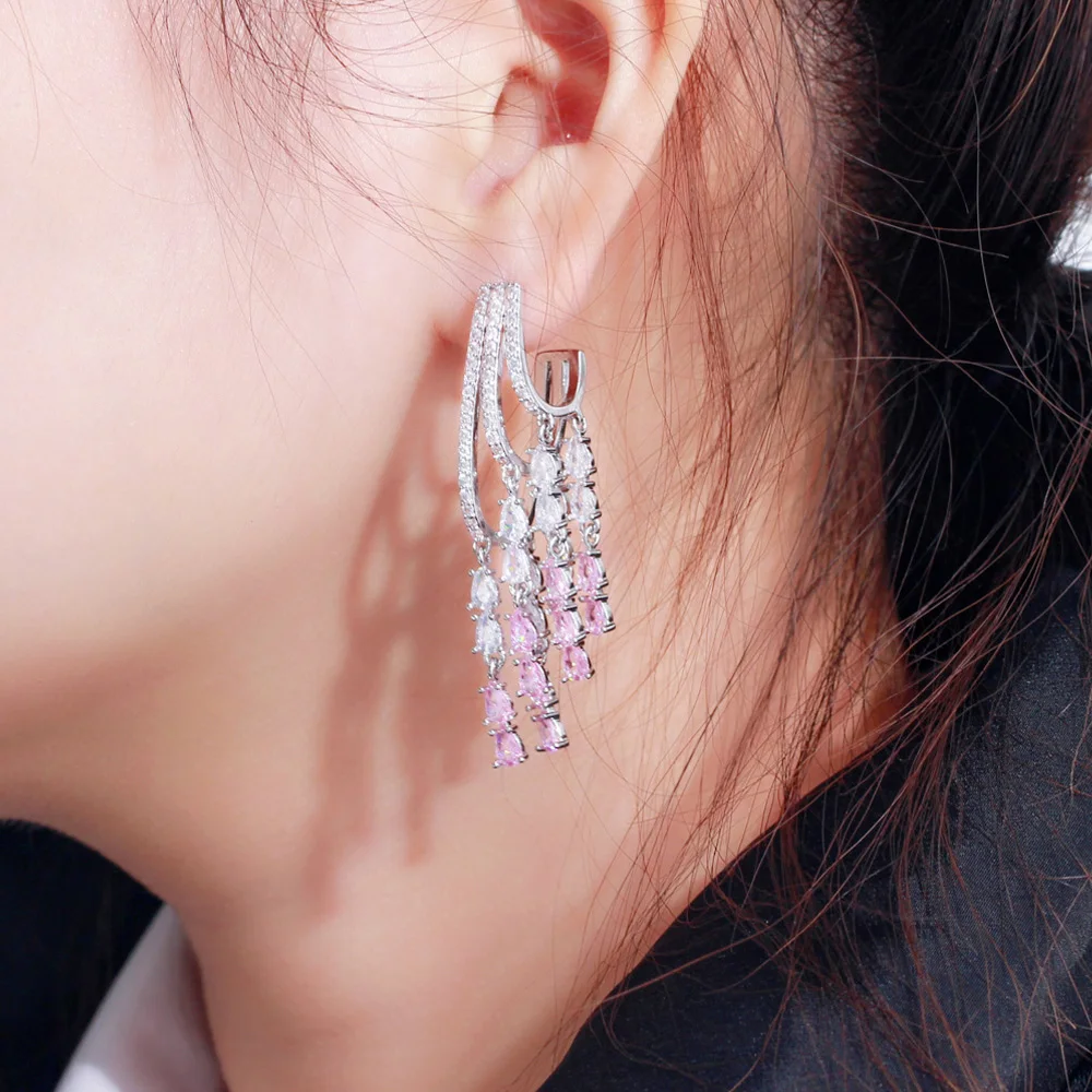 

Pera Wonderful Pink CZ Stone Long Tassel Drop Silver Color Fringed Earrings for Women Engagement Wedding Jewelry Party Gift E116