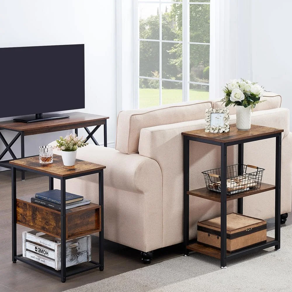 طاولة جانبية بنية من 3 طبقات، أرفف كتب مفتوحة ثابتة مع إطارات معدنية، طاولة نهاية مستطيلة، 13.8 بوصة عرض × 21.6 بوصة عمق × 30 بوصة ارتفاع، مجموعة من 2 #5