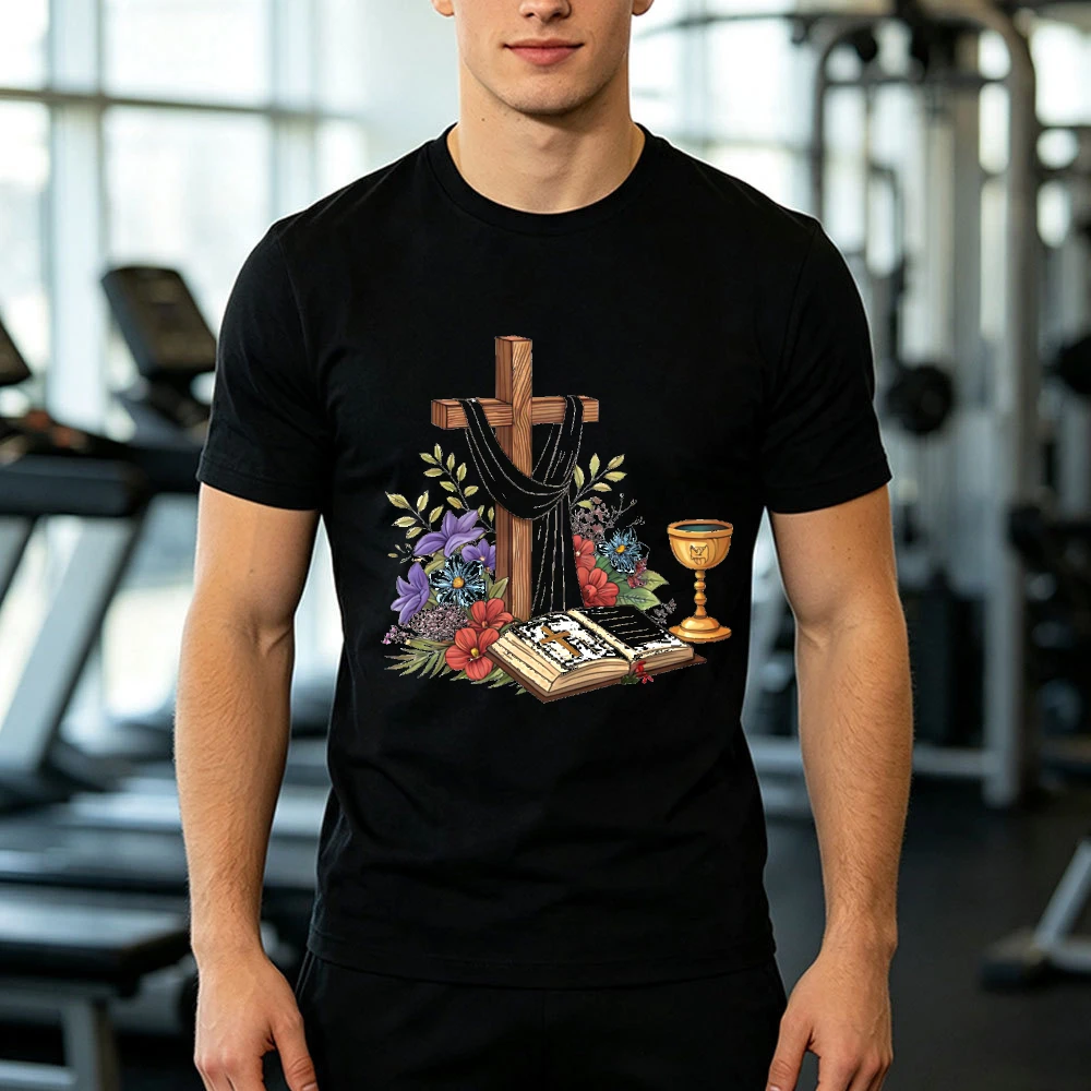 Holy Bible Wooden Cross Draped White Cloth Chalice Cup with Assorted Flowers Print Men White T Shirt Spiritual Christian Tops