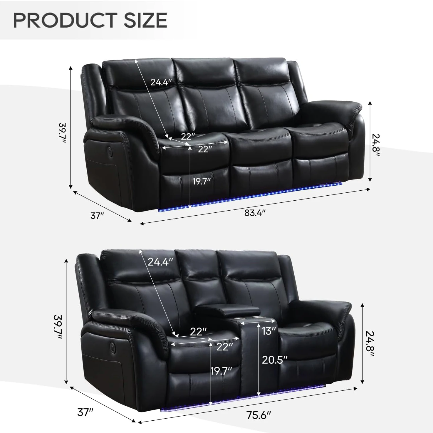 5 Seater Power Recliner Sofa Set for Living Room - Faux Leather, Reclining Sofa Loveseat with Wireless Charger LED Lights (M05)