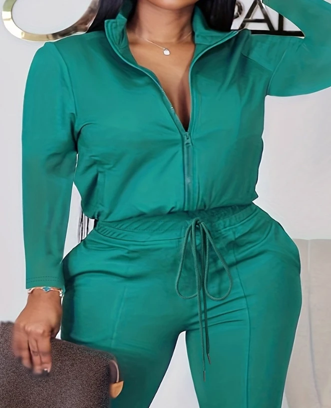 Women Motorcycle Jumpsuit 2024 Summer Autumn Latest Plus Size Zipper Drawstring Flared Romper Stand Collar Long Sleeve Bodysuit