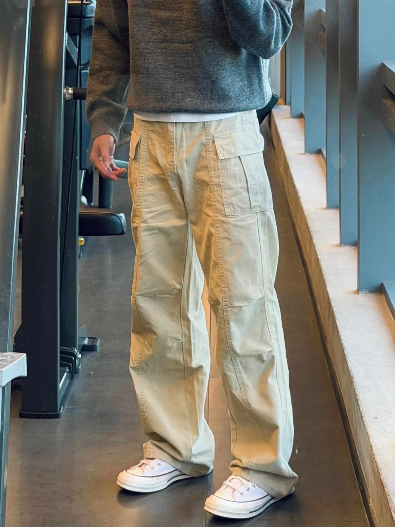 

Cleanfit American High Street Vintage Waed Beige Work Trousers Men Loose Micro Flared Drape Casual Long Trousers Trendy