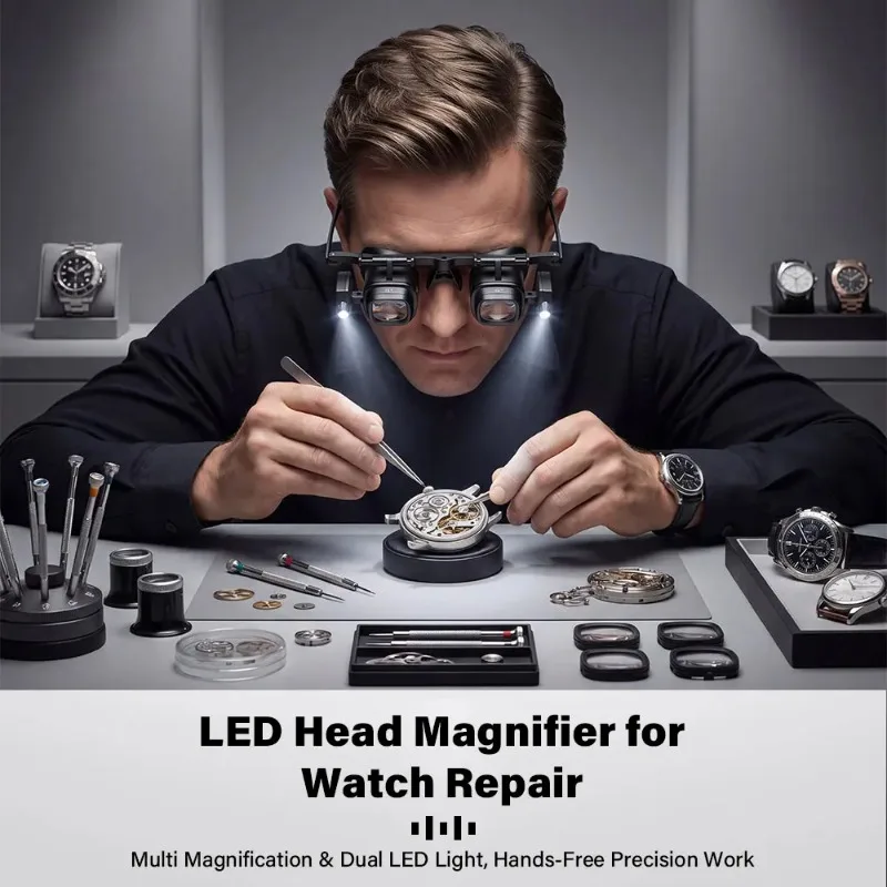 Headband Magnifying Glass 2/6/8/12/24X Multi‑Power Watch Jeweler Magnifier Head Mount Magnifier LED Lights Loupe Microscope