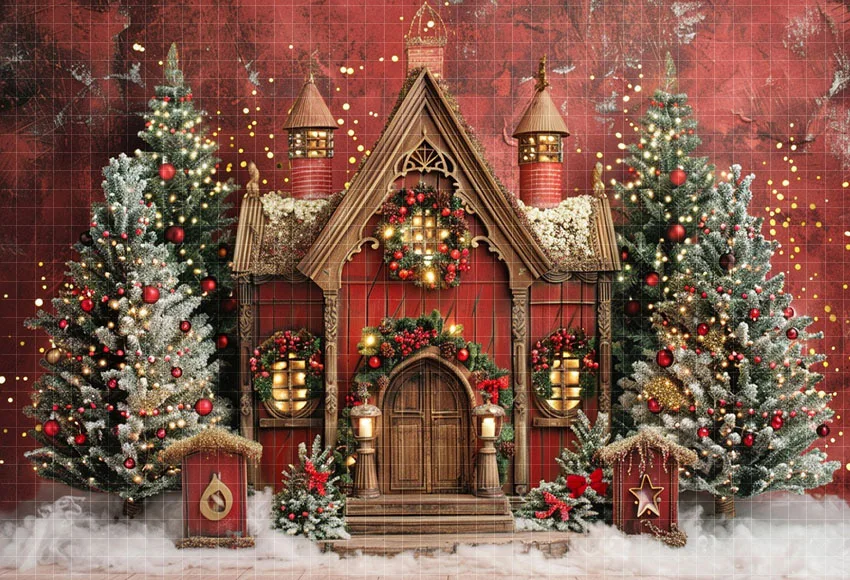 Mehofond Photography Background Winter Christmas Snowy Red Front Door Xmas Tree Kids Family Portrait Decor Backdrop Photo Studio