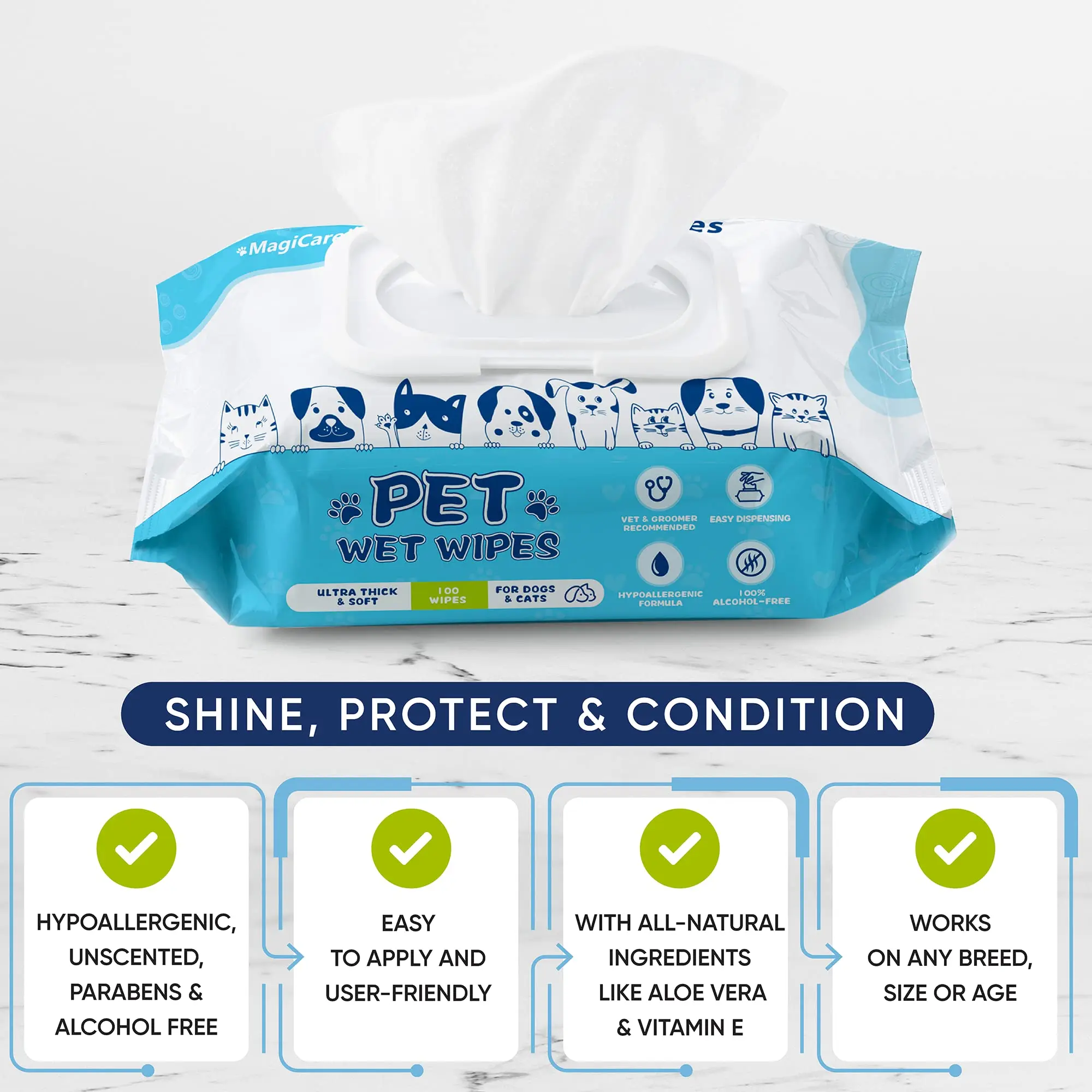 Dog Wipes, Cleaning and Odor Control Grooming Wipes for Paws, Body and Butt, Great for Puppies and Adult Dogs, 40Count