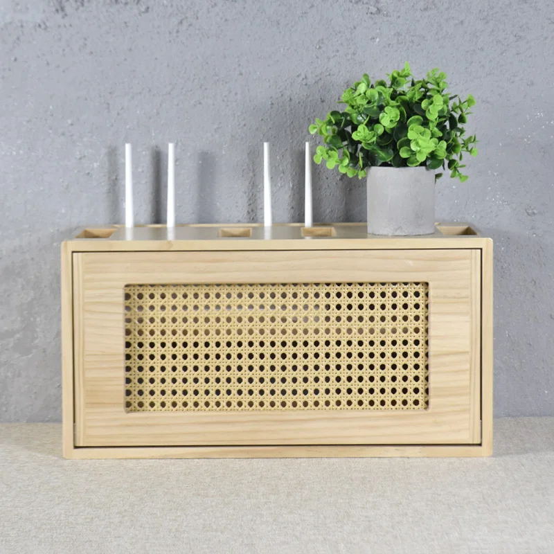 Rattan solid wood router storage box light cat hidden ugly plug-in board blocking wifi TV top