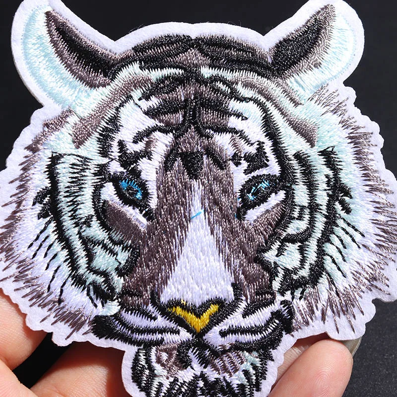 Embroidery Animal Patches for Clothes White Tiger, Size 9.5*9cm Bag Jacket Jeans Cartoon Iron On Patches, Small Glue Sticker