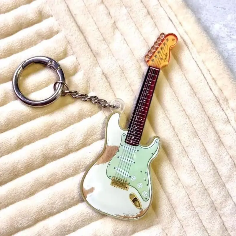 5pcs Creative Metal Guitar‑Shaped Keychain Charm Musical‑Instrument Hanging Bag Pendant Ornament Decorative Key Ring For Music