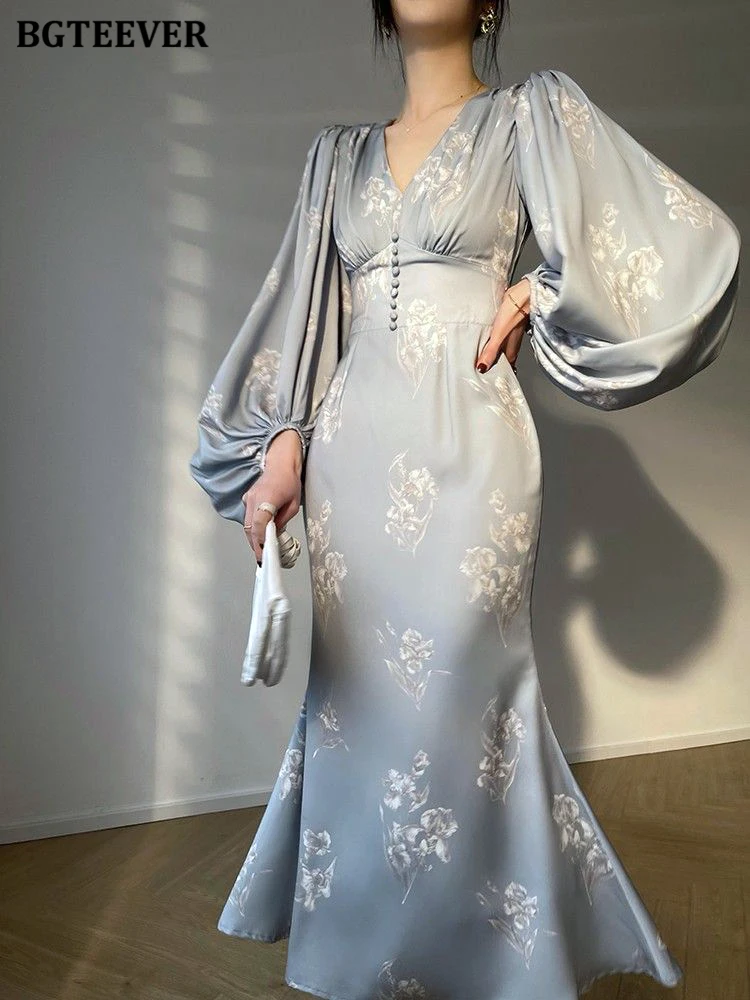 BGTEEVER Spring Elegant V-neck Printed Mermaid Dress Women Vintage Lantern Sleeve Slim Waist Ladies Bodycon Dress vestidos