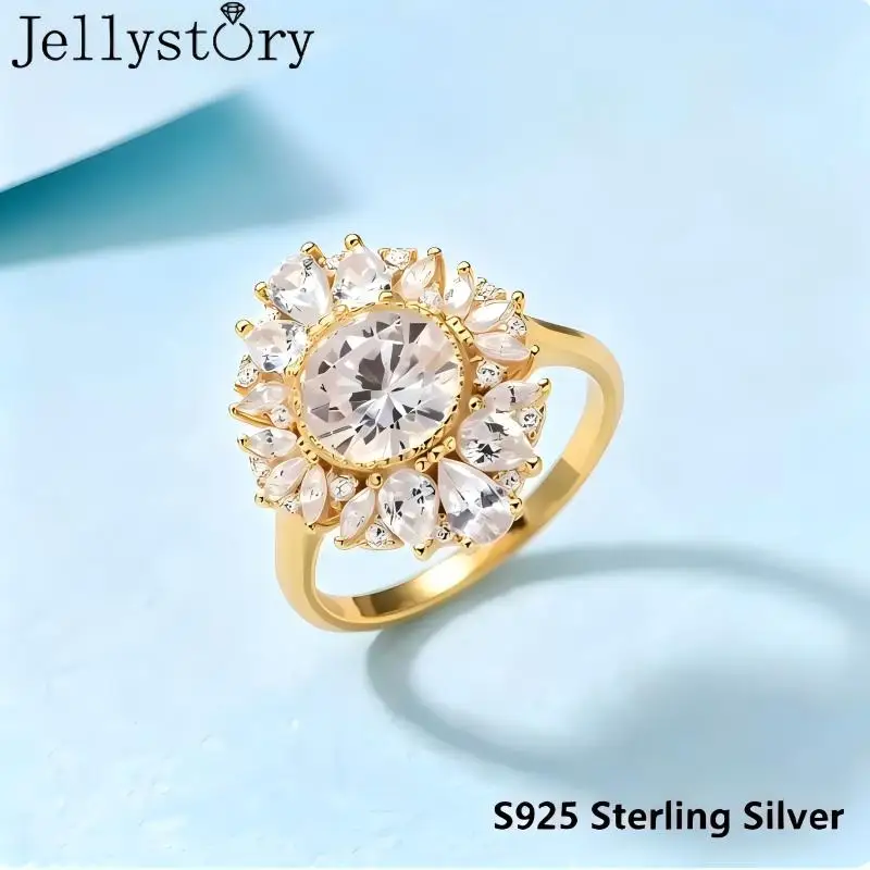 JellyStory S925 Silver Full Inlaid Moissanite Round Main Stone Ring Large Flower Shape Palace Style Luxurious High-end Feel