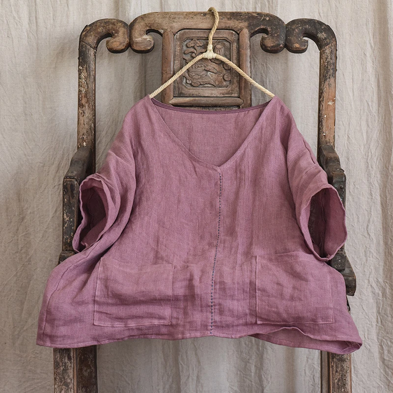 100% 린넨 여성 캐주얼 티셔츠 신상 2025 여름 빈티지 스타일 V넥 단색 루즈핏 여성 반팔 티셔츠 T504