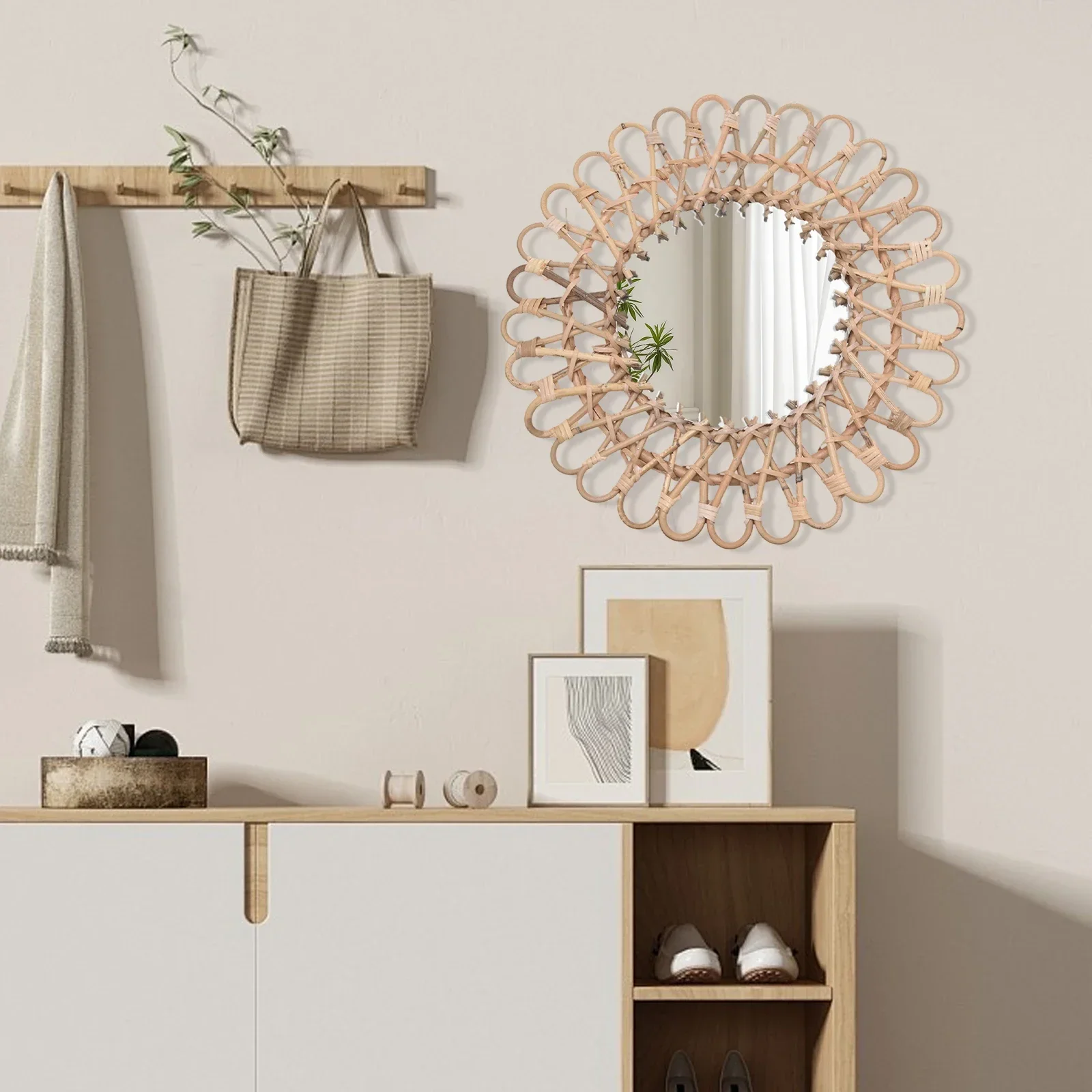 

Rattan Mirror Round Wall Mirror Decorative Rattan Mirror for Entrance Living Room Bathroom Total Diameter: Wood Colour, 40 cm