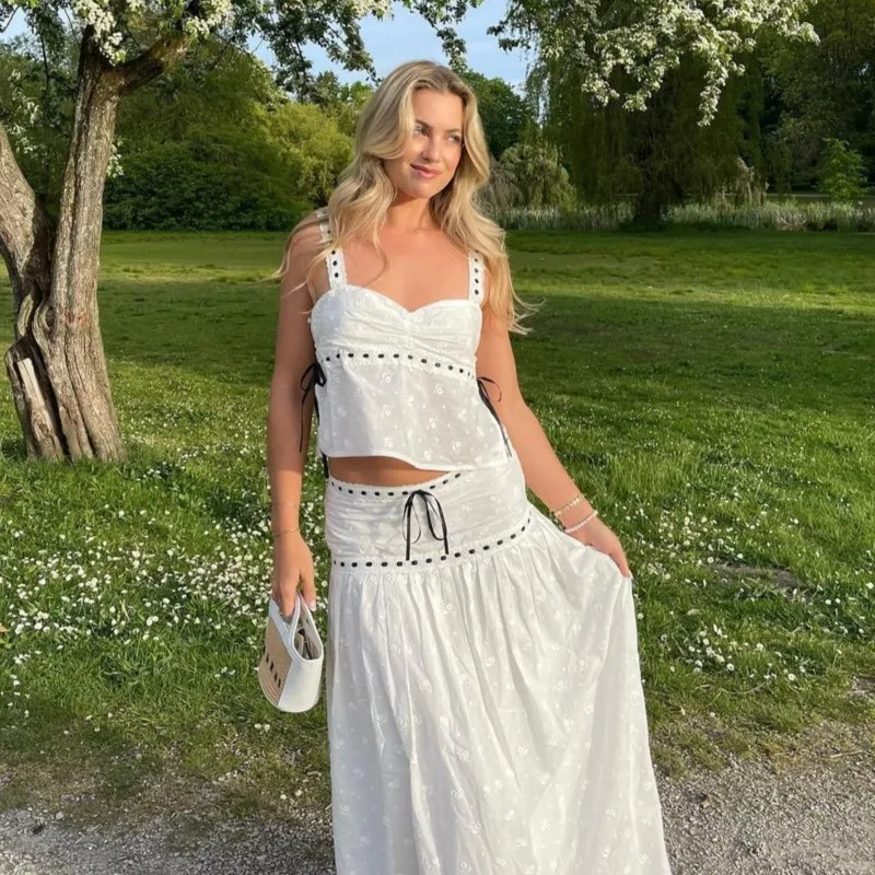 

flower embroidery v-neck lace-up tank top and long skirt summer outfits 2pc patchwork white casual vacation beach women set