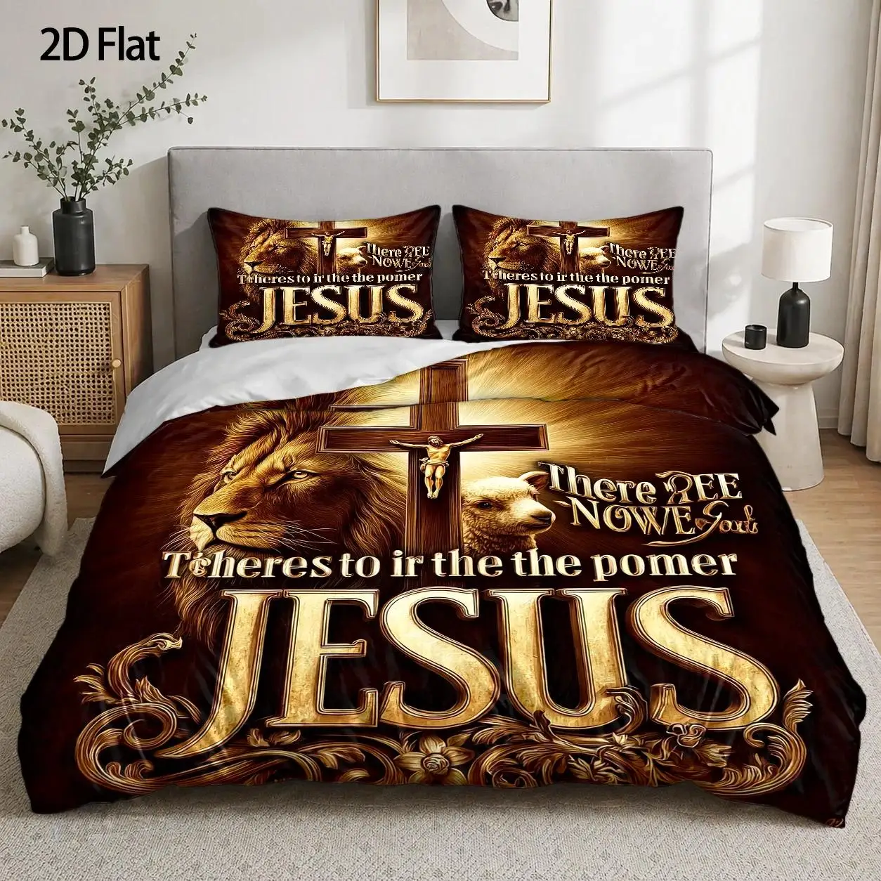 3-Piece Quilt Cover Set, 1 Quilt Cover + 2 Pillowcases (Without Filling) 2D Flat Printing, Golden Lion and Cross Theme, Religious Art Style, Easter, Suitable for All Seasons, Machine Washable, Invisible Zipper, Suitable for Home, Dormitory, Master Bedroom, Guest Room